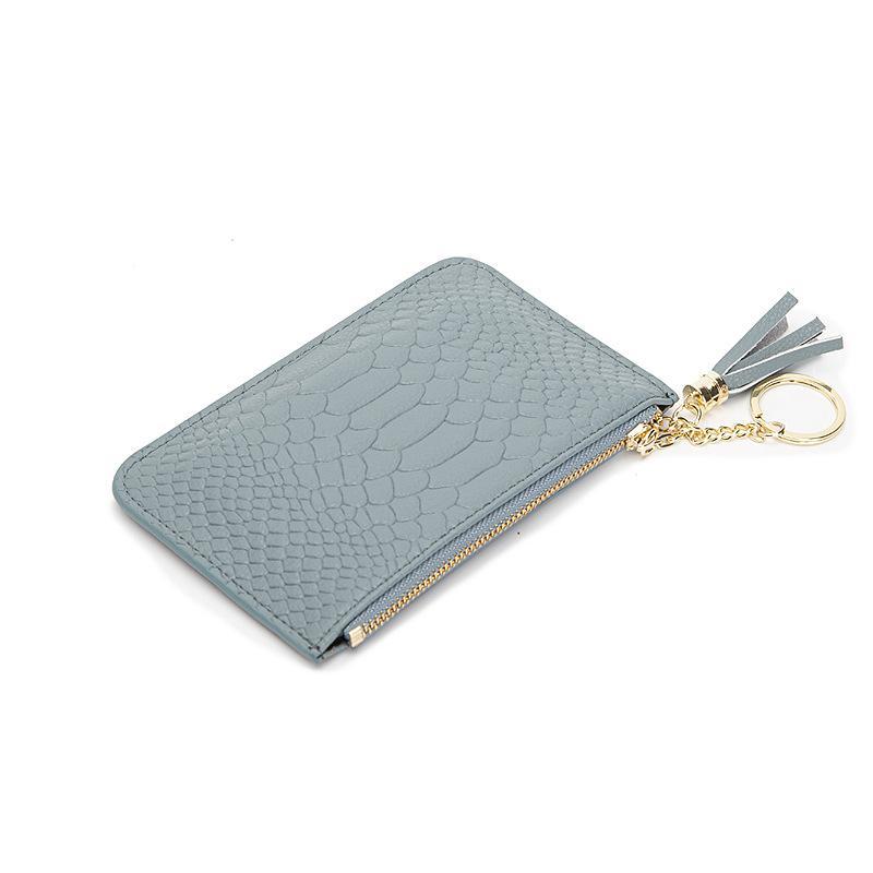 Women First Layer Cowhide Leather Short Coin Purse with Zipper and Ring Key - Mini Thin and Snake