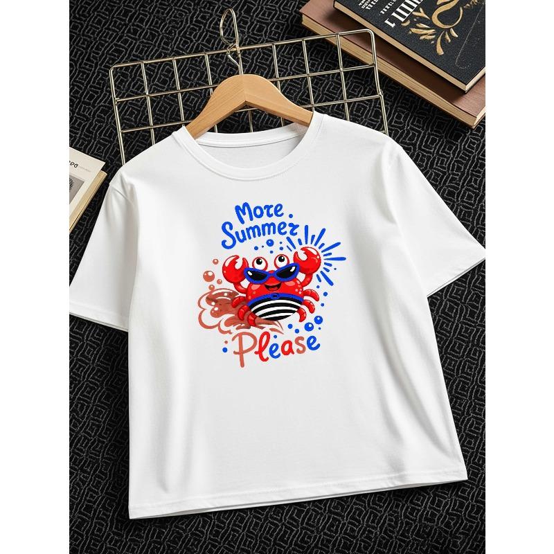 Kids Summer Crewneck Tee, Creative Crab with Sunglasses & Ocean Waves Print 110 белый