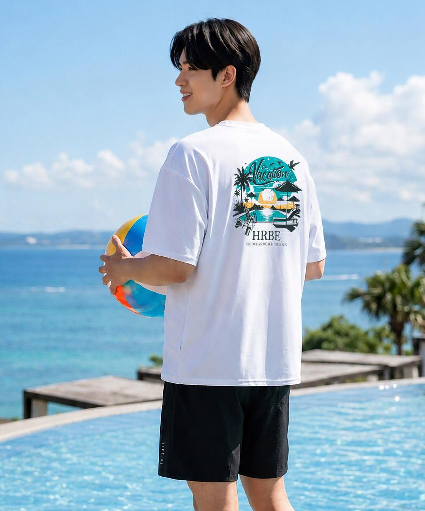 Helingbon [Set] Men'S Rash Guard Set Short Sleeve & Easy Swim Pants Choose 1 Of 3 Ri386 Ac900