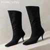 Wildleder Damen Mid-Calf Stiefel Spitzschuh Mittelhohe Absätze Schuhe 2025 Trend Designer Winter Chelsea Boots Mode Pumps Goth Botas Mujer