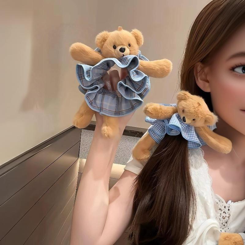 Women Plush Bear Plaid Large Intestine Headband Sweet Cute Funny Fashionable Headband Versatile Harajuku Hair Accessories