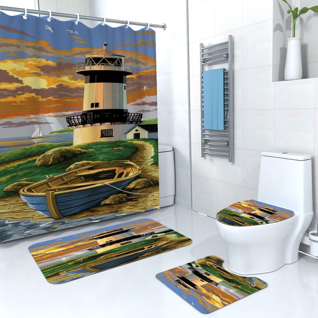 Shower Curtain Digital Printing Shower Curtain Lighthouse Landscape Polyester Bathroom Partition Curtain Bathroom Four-Piece Set