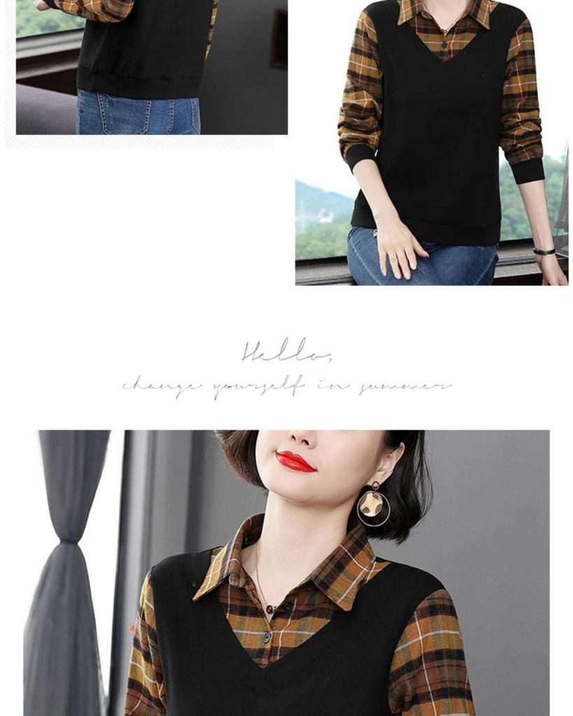 Women's Versatile Plaid Spliced Long-Sleeve T-Shirt