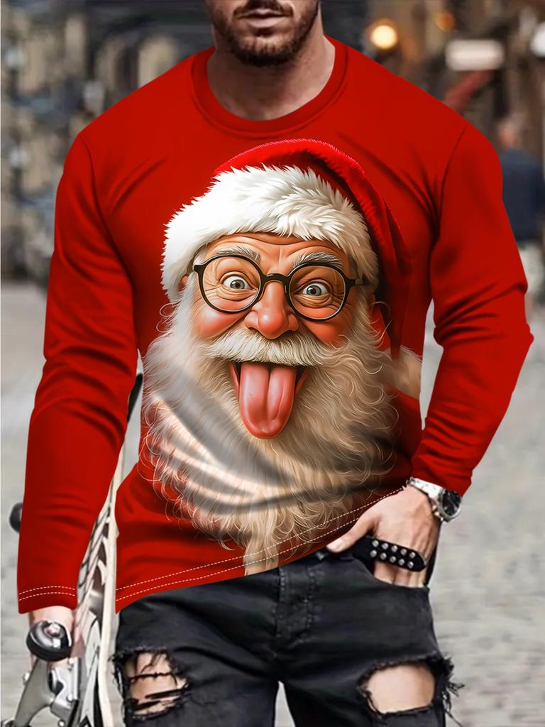 Men's 3D Santa Claus Printed Long-sleeved T-shirt Is Simple and Versatile, Suitable for Spring, Summer, Autumn and Winter