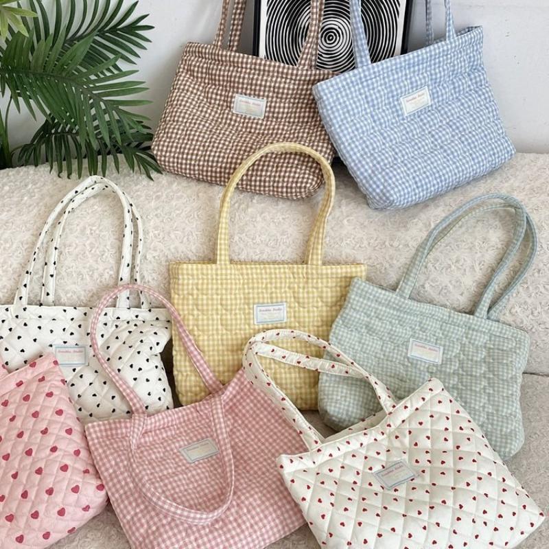 Quilted Cotton Women's Handle Shoulder Bags Simple Plaid Heart Female Shopping Bag Large Capacity Grils Tote Shopper Handbags