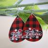 European & American Christmas Plaid Leather Earrings with Letter Print - Double-Sided PU Design.