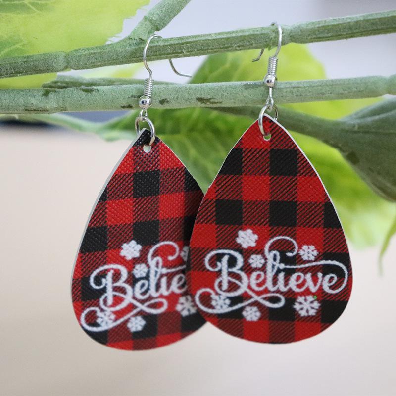 European & American Christmas Plaid Leather Earrings with Letter Print - Double-Sided PU Design.