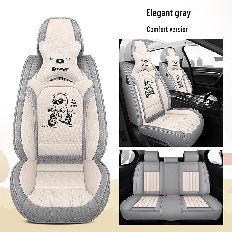 All-Season Linen Car Seat Cover - Breathable, Full Coverage with Cute Cartoon Design for Autumn/Winter