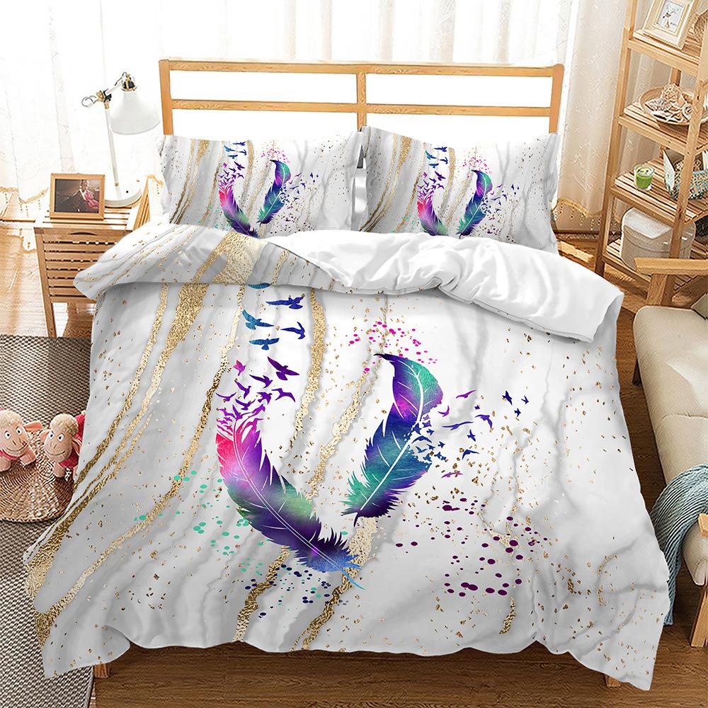 Bedding, Feather Chart Digital Printing Three-Piece Set, Quilt Cover Sheet Kit