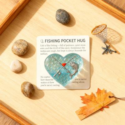 Fishing Lover Pocket Hug Sea Glass Heart Token with Fishing Rod Fish Design Inspirational Keepsake for Fishermen Anglers Fisher Dad