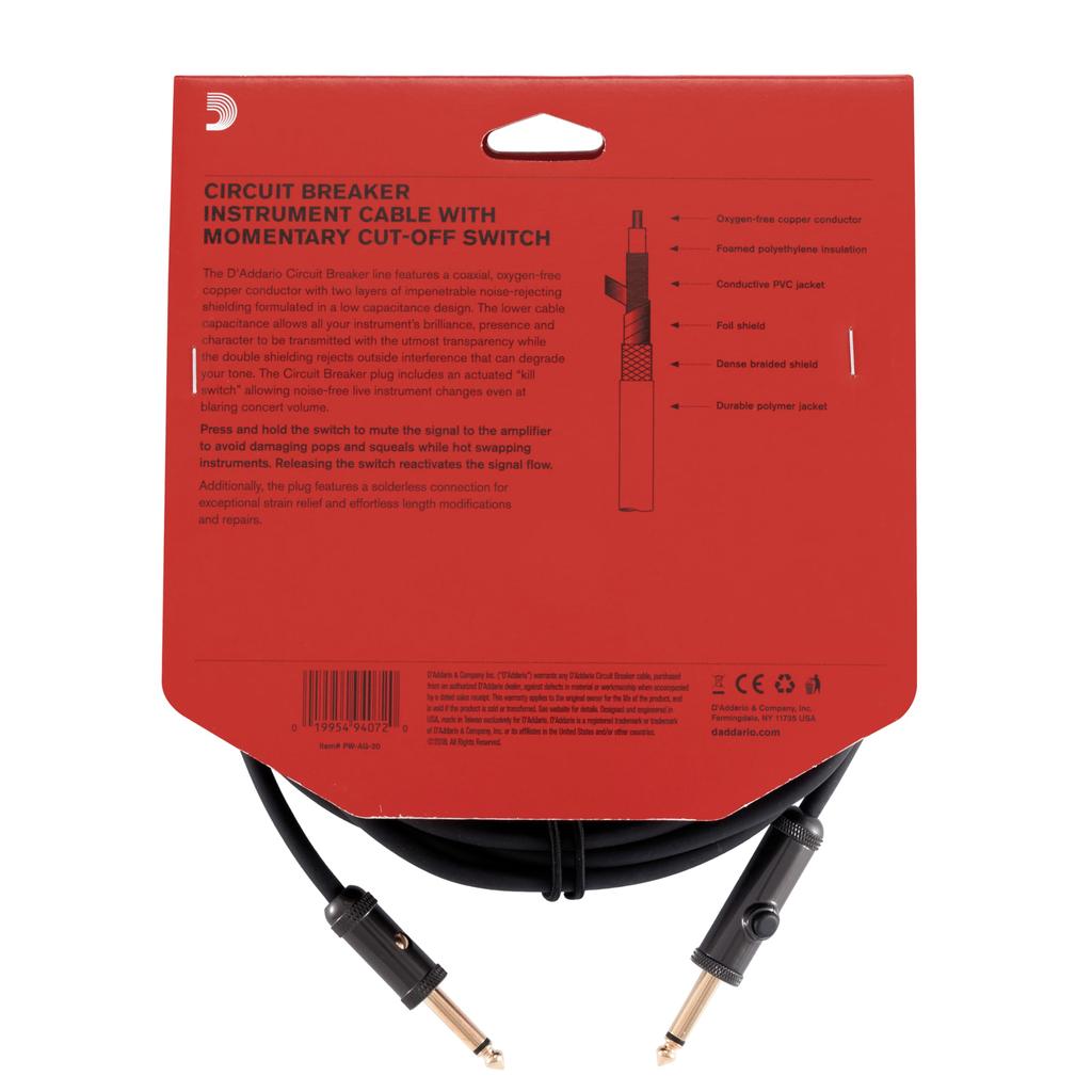 Shielded Cable Custom Series Circuit Breaker Cable with Momentary Mute Switch D'Addario (Guitar Shield) PW-AG-20 (6.1m S-S) []