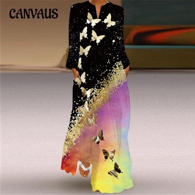 Plus Size Spring Autumn Women's Long Dress V-neck Long Sleeve Pocket Printed Loose Dresses