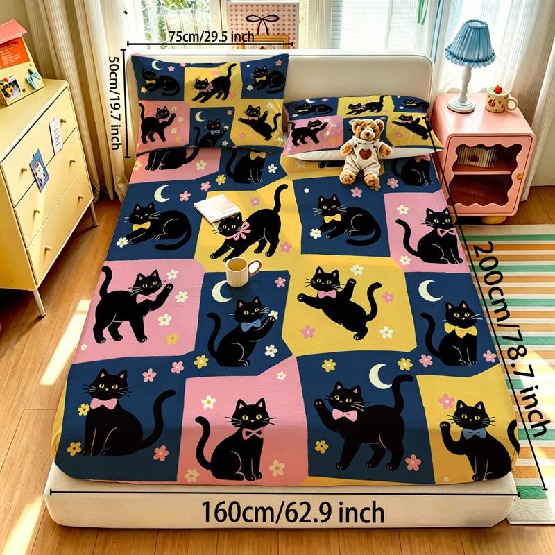 3pcs Cartoon Bear Kitten Printed Chipless Bed Sheet Set Multiple Sizes Soft Bed Cover Bedroom Bedding Decoration, Gift Bedding