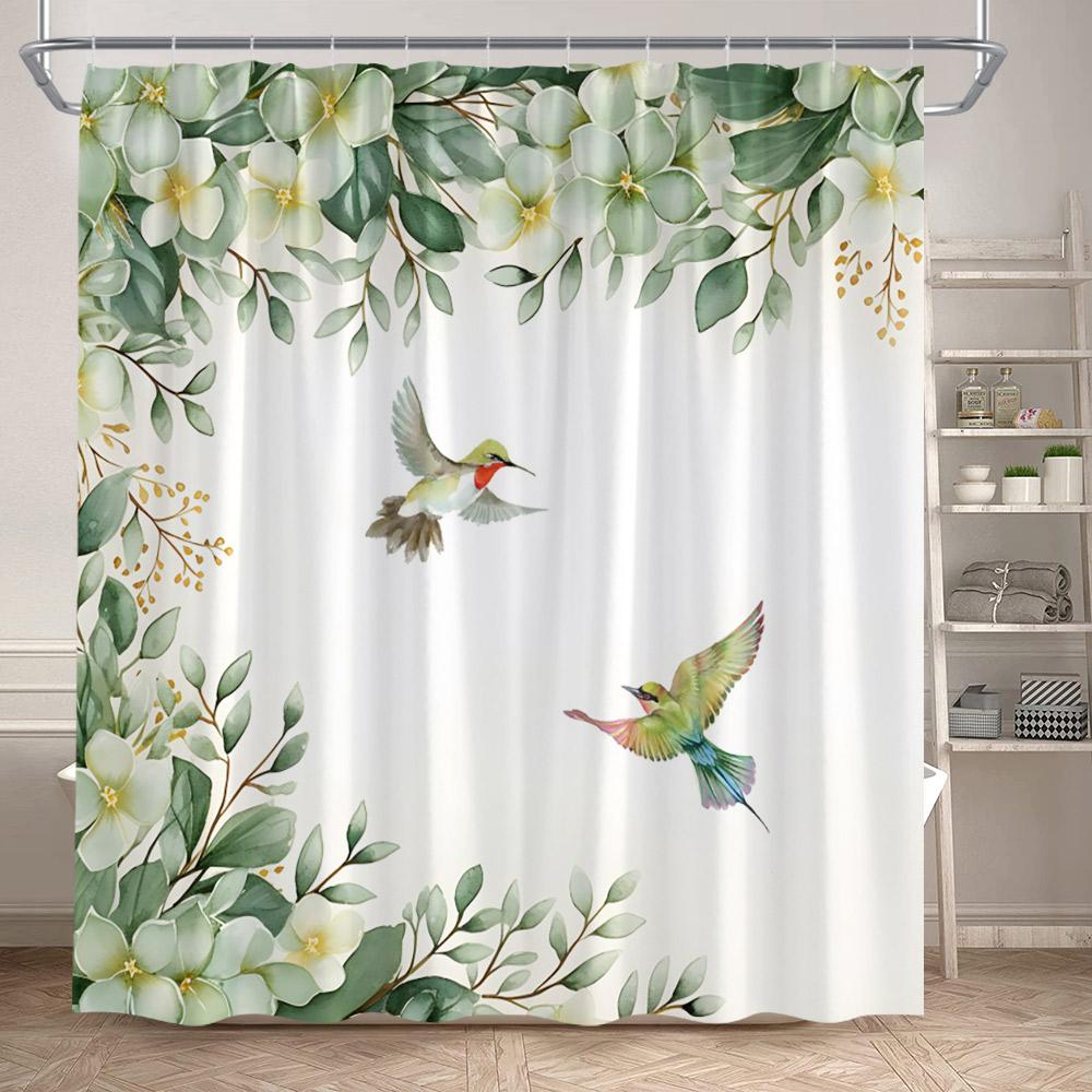 

Green Plant Leaves Shower Curtains Watercolour Eucalyptus Leaves Hummingbird Floral Bath Curtain Home Bathroom Decor with Hooks 90x180cm-35x70in