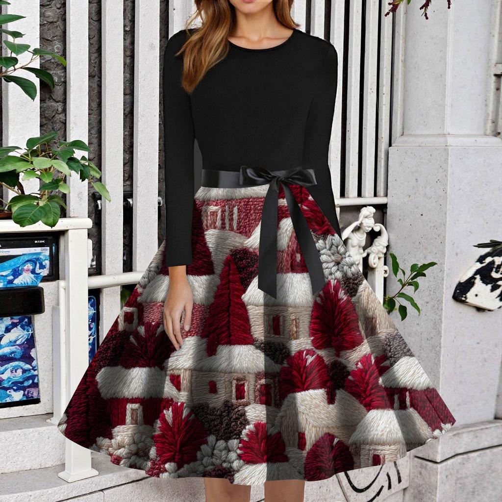 Women's Fashion Round Neck Slim-Fit Christmas Print Long-Sleeved Dress