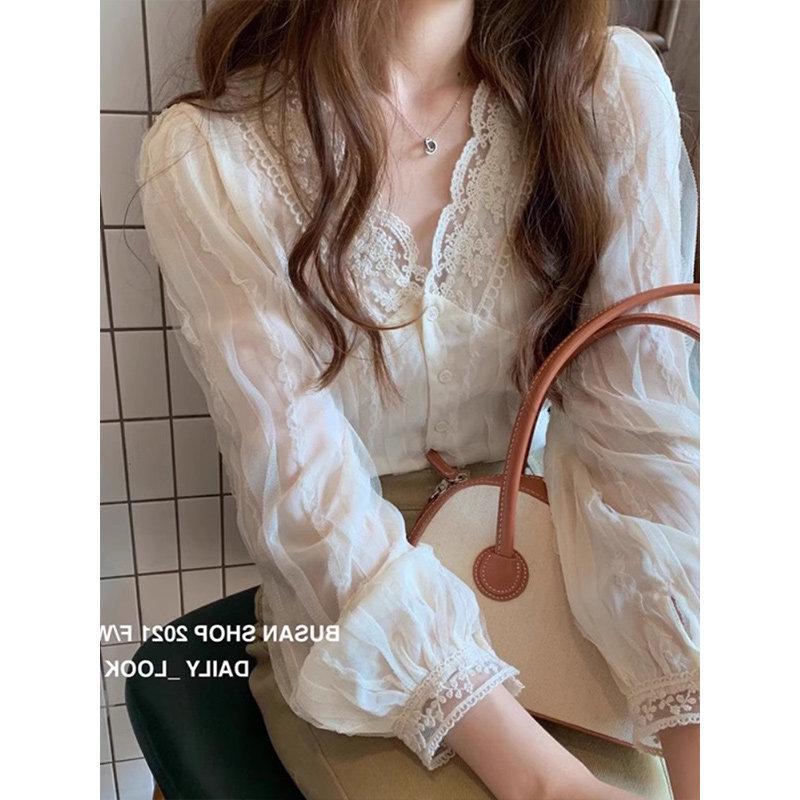 

Spring 2026 Petite V-Neck Lace Chiffon Top for Women Extra Large абрикосовий