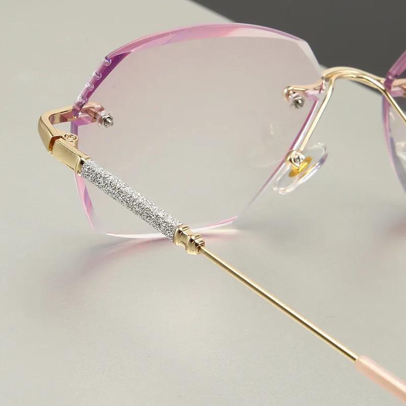 New Style Diamond Cut Reading Glasses Luxury Design Women'S Square Far Sight Eyewear Anti-Blue Light Rimless Presbyopia To +4.0