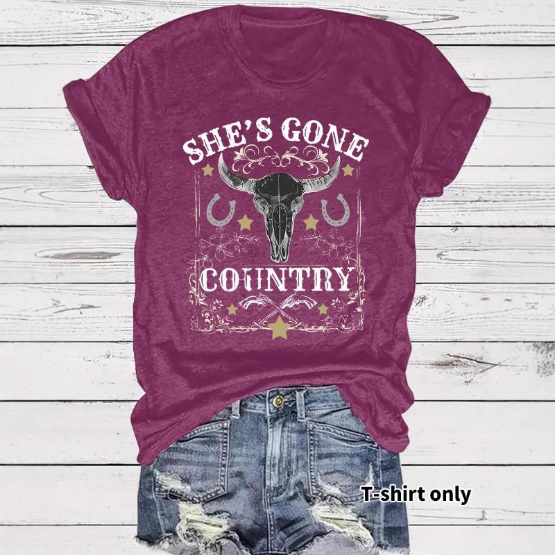 Women's Short Sleeve T-shirt She's Gone Country Bull Skull with Stars Design Western Cowboy Graphic T-Shirt