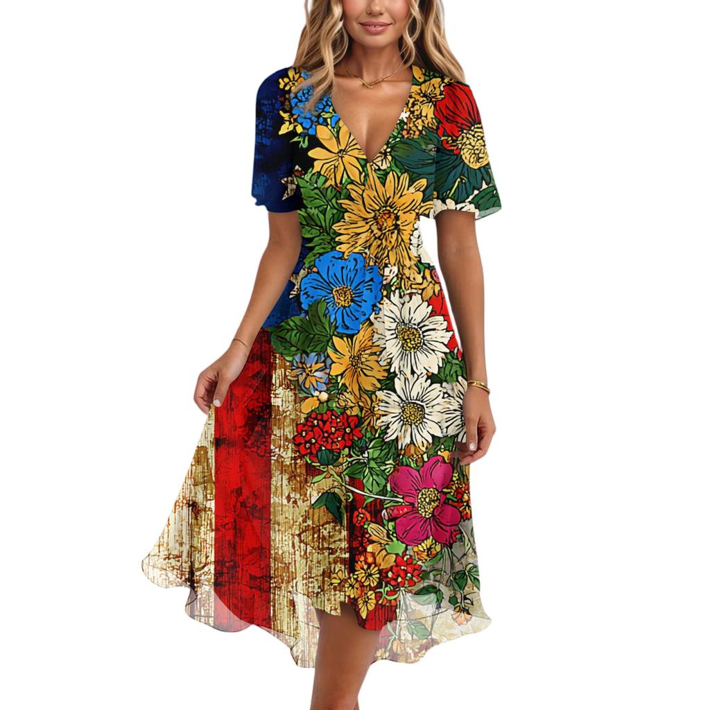 Women's Fashionable Casual V-neck Short-sleeved Independence Day Printed Dress