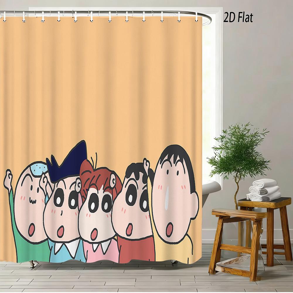 Crayon Shin-Chan Flame Ninja Z Themed 2D Print Waterproof Shower Curtain, Flying Shin-Chan With Family & Shiro Colorful Cityscap