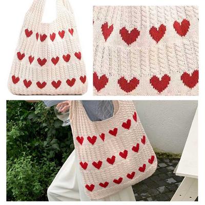 Women Knit Love Tote Bag Color Blocking Lightweight Handbag Large Capacity Shoulder Storage Bag Crochet Satchel Bag Shopping Bag