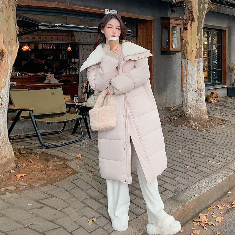 Winter Women Coat Long Length College Style Over Knee Big Collar Warm Lamb Wool Blend Jacket Trendy