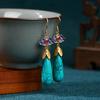 Gold-Plated Copper Lotus Earrings with Faux Turquoise – Retro Cheongsam Hanfu Style, Resistant to Fading.