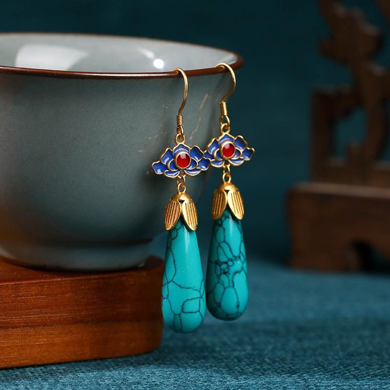 Gold-Plated Copper Lotus Earrings with Faux Turquoise – Retro Cheongsam Hanfu Style, Resistant To Fading.