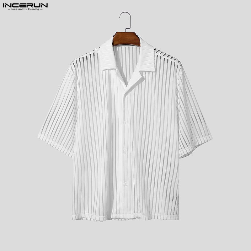 INCERUN Summer Men Lapel Short Sleeve Striped Mesh Sheer Shirts Tops