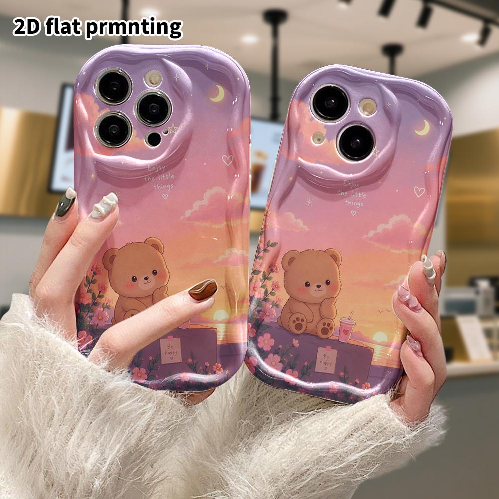 Phone Case: 2D flat design suitable for iPhone 18 17 16 15 14 13 Pro protective case, seaside sunset bear, perfect Christmas and Halloween holiday gif