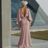 Dames Geplooide Bootnek Bruiloftsgast Jurk, Backless Vleermuis 3/4 Mouw Bodycon Lange Jurk, Formele Feest Cocktail Prom Jurk