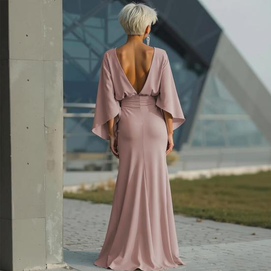 Dames Geplooide Bootnek Bruiloftsgast Jurk, Backless Vleermuis 3/4 Mouw Bodycon Lange Jurk, Formele Feest Cocktail Prom Jurk