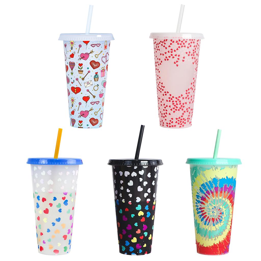 25oz Straw Water Cups with Lid Color Changing Drinking Bottles Single Layer Stackable Reusable Valentines Day