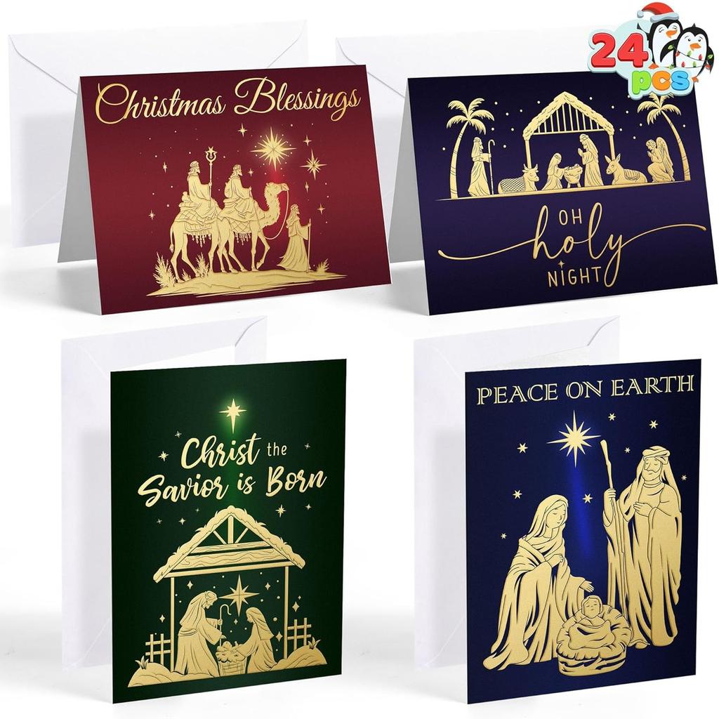 JOYFY 24 Tarjetas de Felicitación Religiosas de Navidad con Sobres 4 Diseños Set en Caja para Invierno Navidad Temporada Navideña Tarjetas Regalos