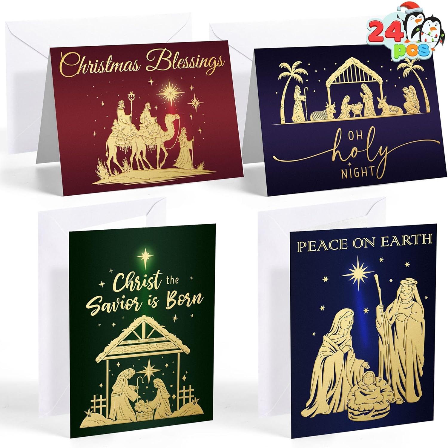 

JOYFY 24 PCS Religious Christmas Greeting Cards with Envelopes 4 Designs Boxed Set for Winter Xmas Christmas Season Cards Gifts