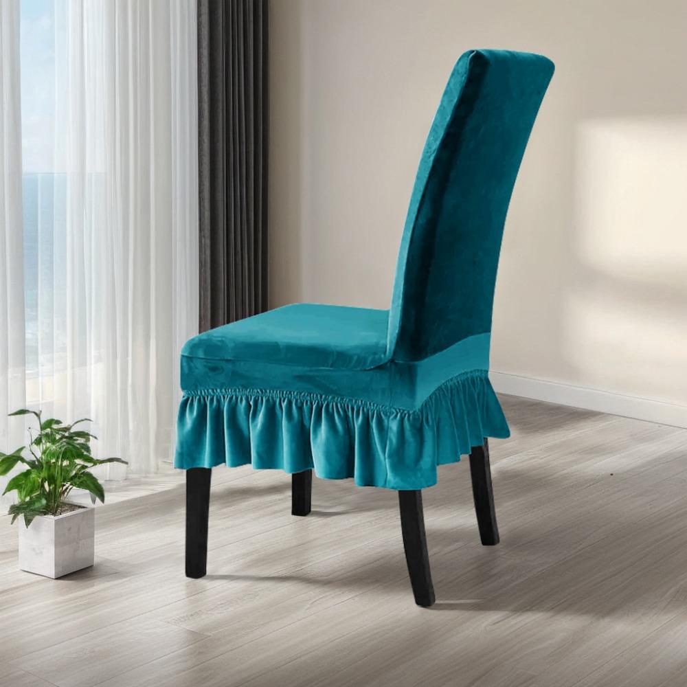 Universal Elastic Velvet Dining Chair Cover Dust Proof Solid Color Chair Protector with Ruffled Edges Chair Slipcover Wedding