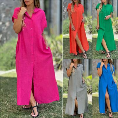 Button Down Short Sleeve Split Hem Maxi Dress Cotton Linen Solid Color Casual Loose Pocket Collared Oversized Summer Dress For Women
