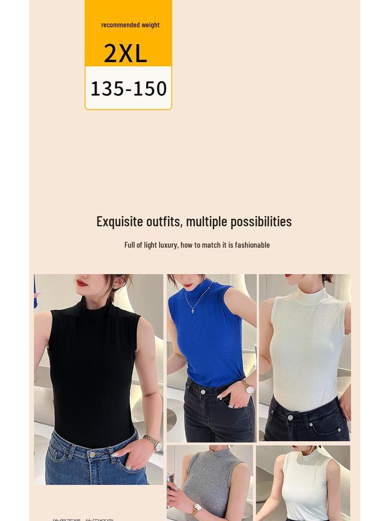 Women's Sleeveless Semi-High Neck Slim Cotton Vest - Solid Color Summer Top