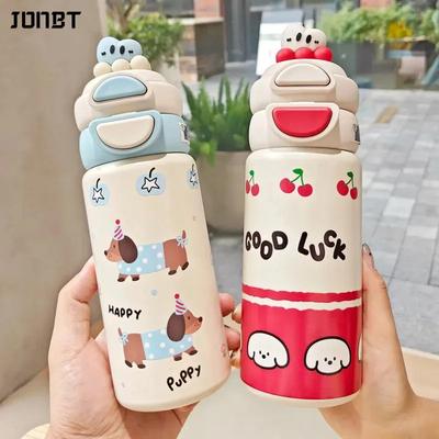 Cartoon Vacuum Thermos Flask Water Bottle For School 316 Stainless Steel Double Layer Insulated Bottle Double Drinking Straw Cup