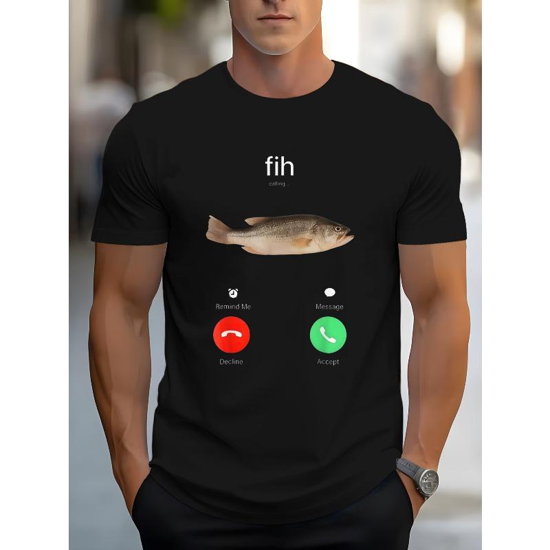 

European sizes Men s Fashion Casual Funny Fish Calling Printed Design Round Neck Comfortable Fabric T-shirt, New in Summer, Suitable for Daily Wear 4XL чорний