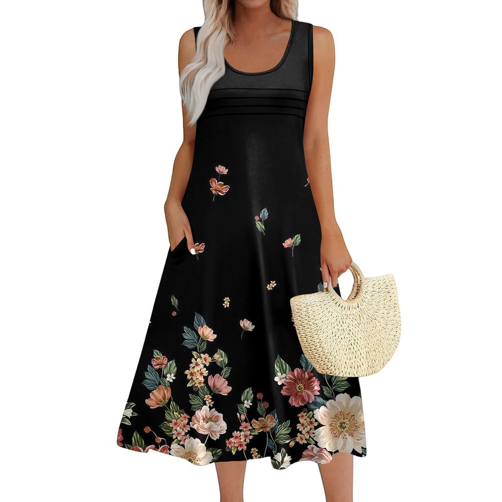 Women's Fashion Round Neck Sleeveless Pleated Beach Dress With Pockets Long Floral Dresses
