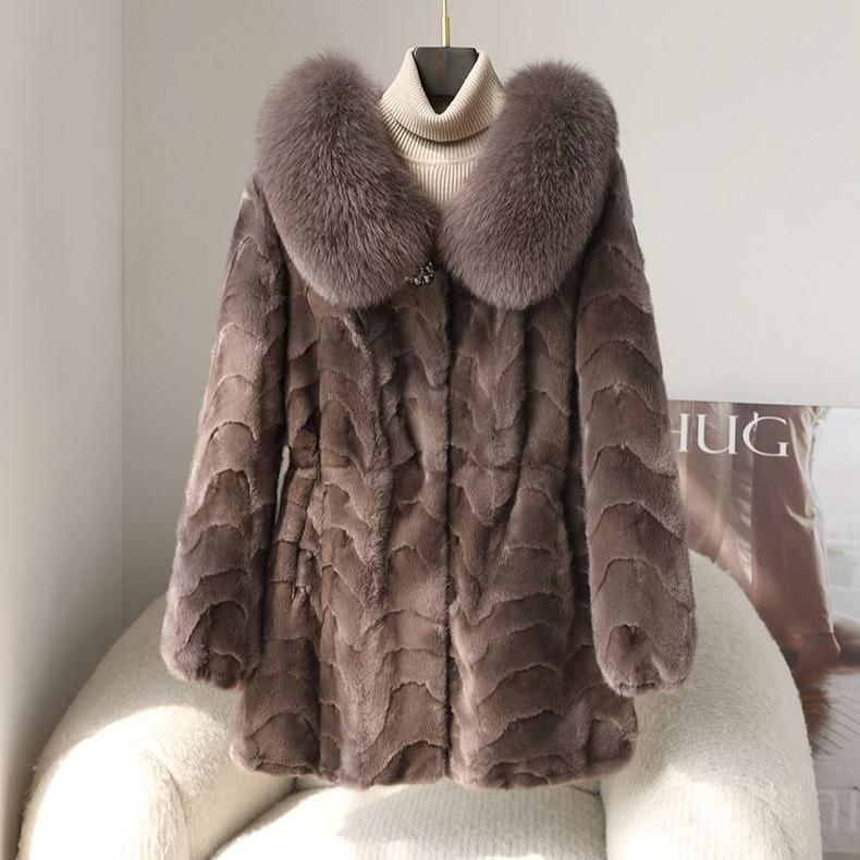 Winter Women's Mink Coat Fluffy Luxury Mid-Length Fur Coat with Fox Fur Collar