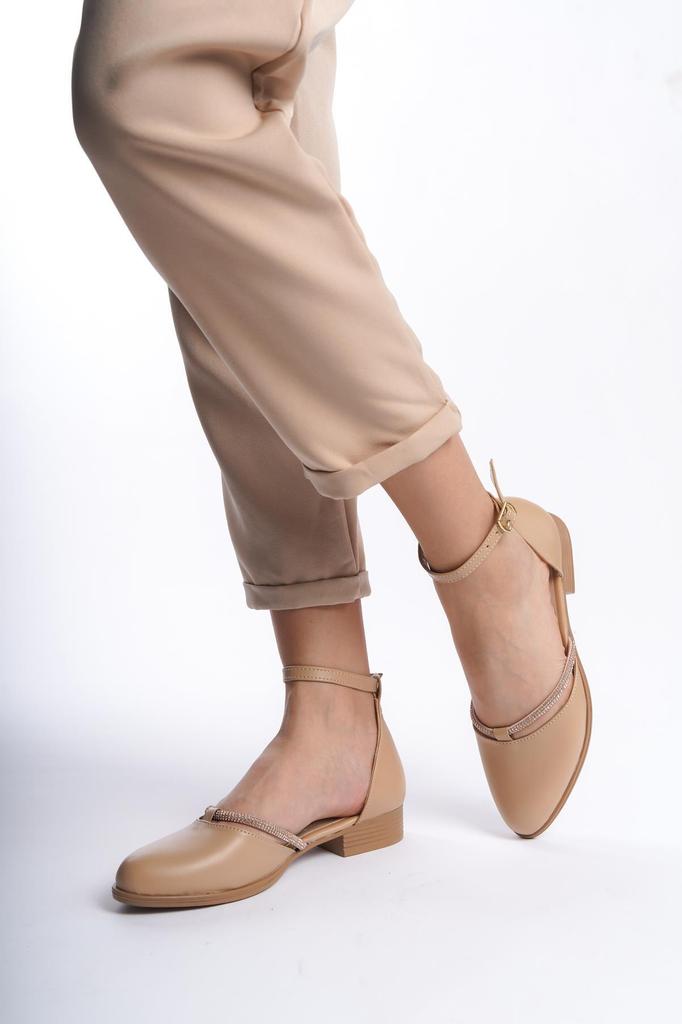 Women's Flat Shoes Trey Black Skin Stone Detailed Ballerinas with Open Sides