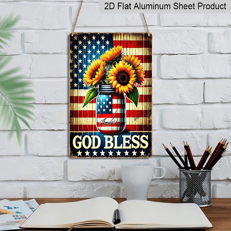 2D Flat 1pc Vintage American Flag & Sunflowers Metal Wall Decor - Rustic Farmhouse Decoration with GOD BLESS Mason Jar - Distressed Vintage Look