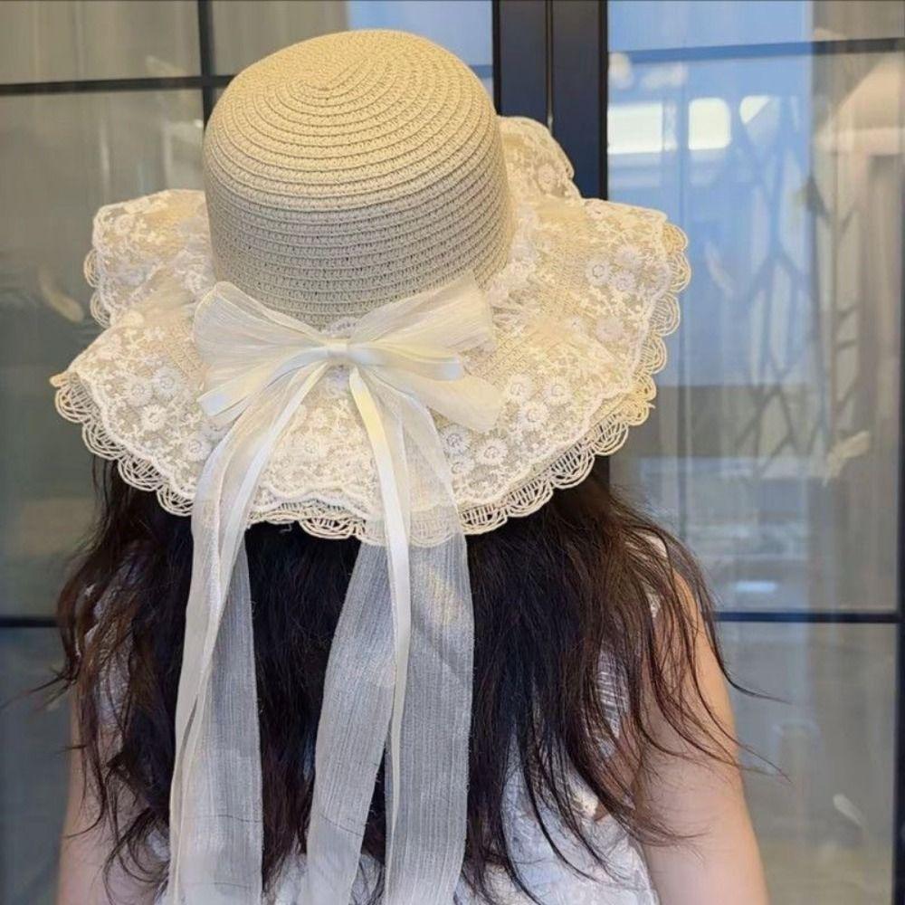 Fashion Lace Bow Sun Hat Breathable Straw Adjustable Wide Brim Hat Lace Ruffle Fisherman Cap Summer Beach
