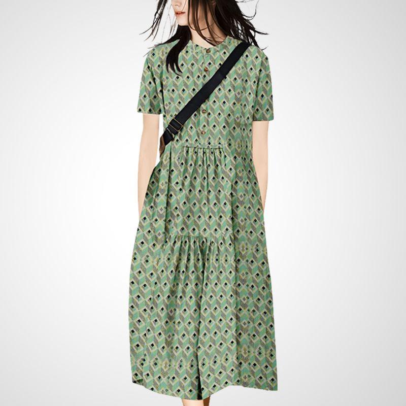 

Fancy Mid Length Long Length Slim-Fit Short-Sleeve Mandarin Collar Dress Green floral S