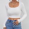 Négyzet alakú nyakú póló Basic hosszú ujjú, női bordás póló Alkalmi karcsú, női Crop top divatos póló Y2k utcai viselet