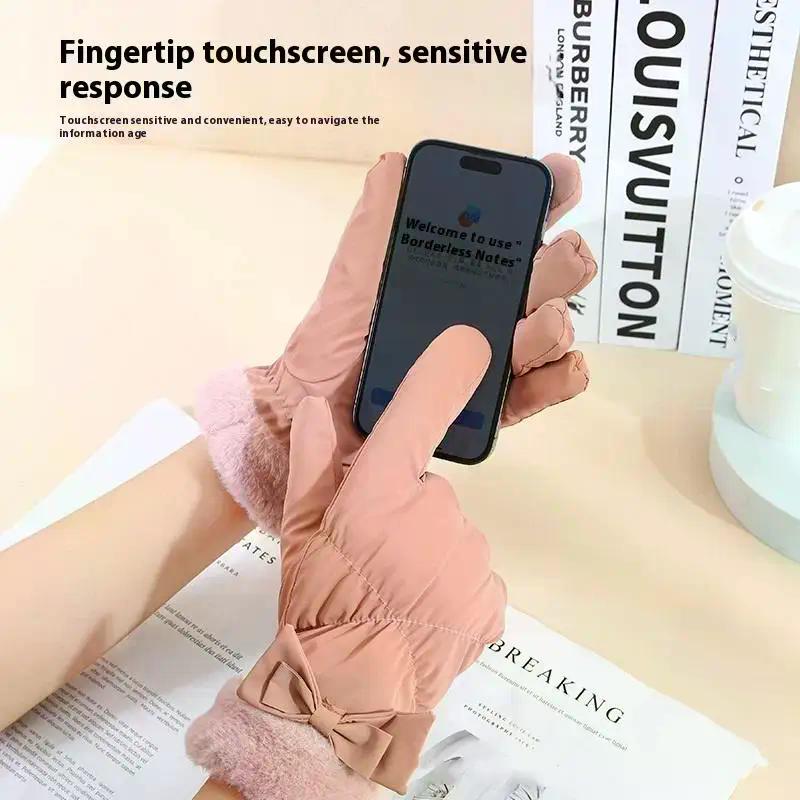 Ski Gloves Women Winter Fleece Thickened Warm Plush Cotton Waterproof Touch-Screen Gloves For Outdoor Riding Mountaineering