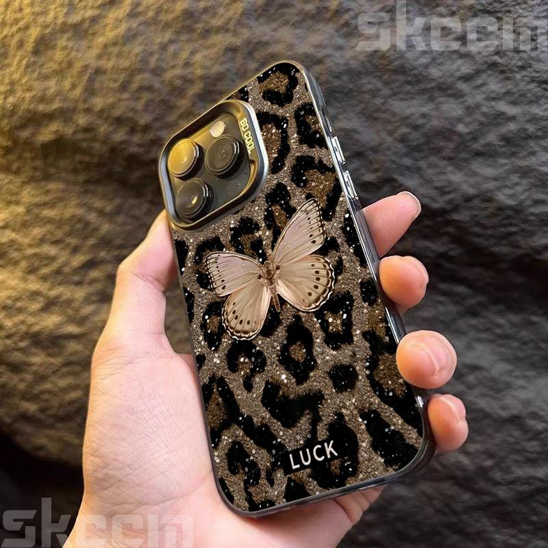 Luxury Butterfly Leopard Print Phone Case For iPhone 16 16E 15 14 13 12 11 Pro Max X XS XR 7 8 Plus SE Shockproof Hard Cover