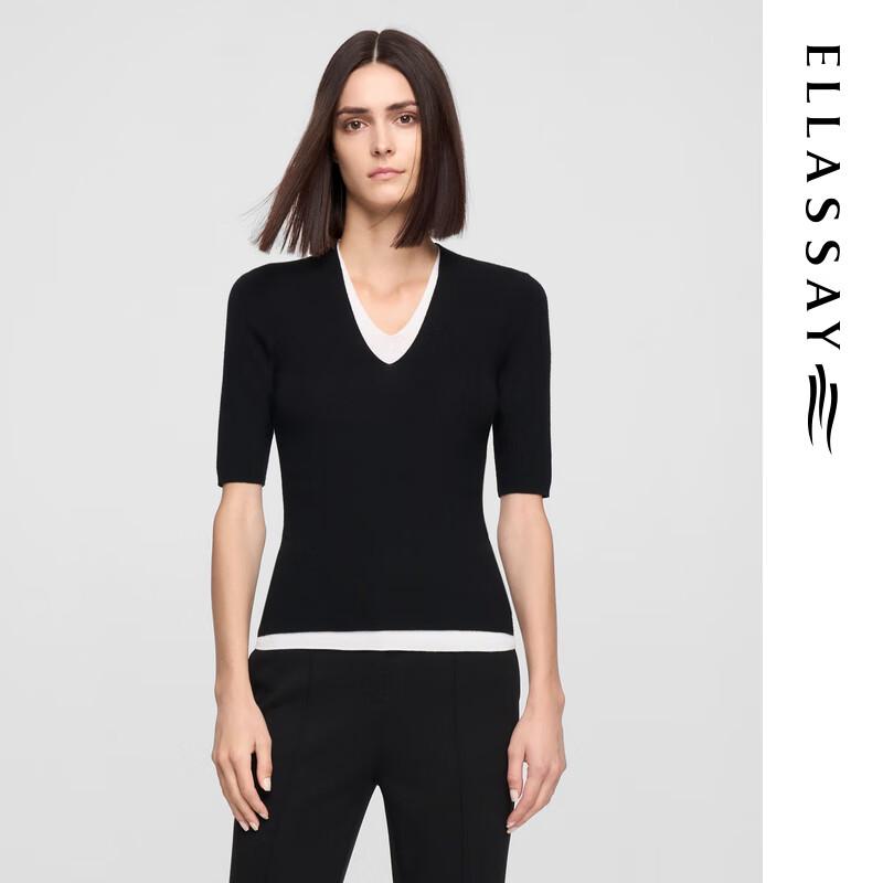 ELLASSAY 2025 Early Spring Women s Colorblock Faux Two-Piece 100% Wool Knit Top M